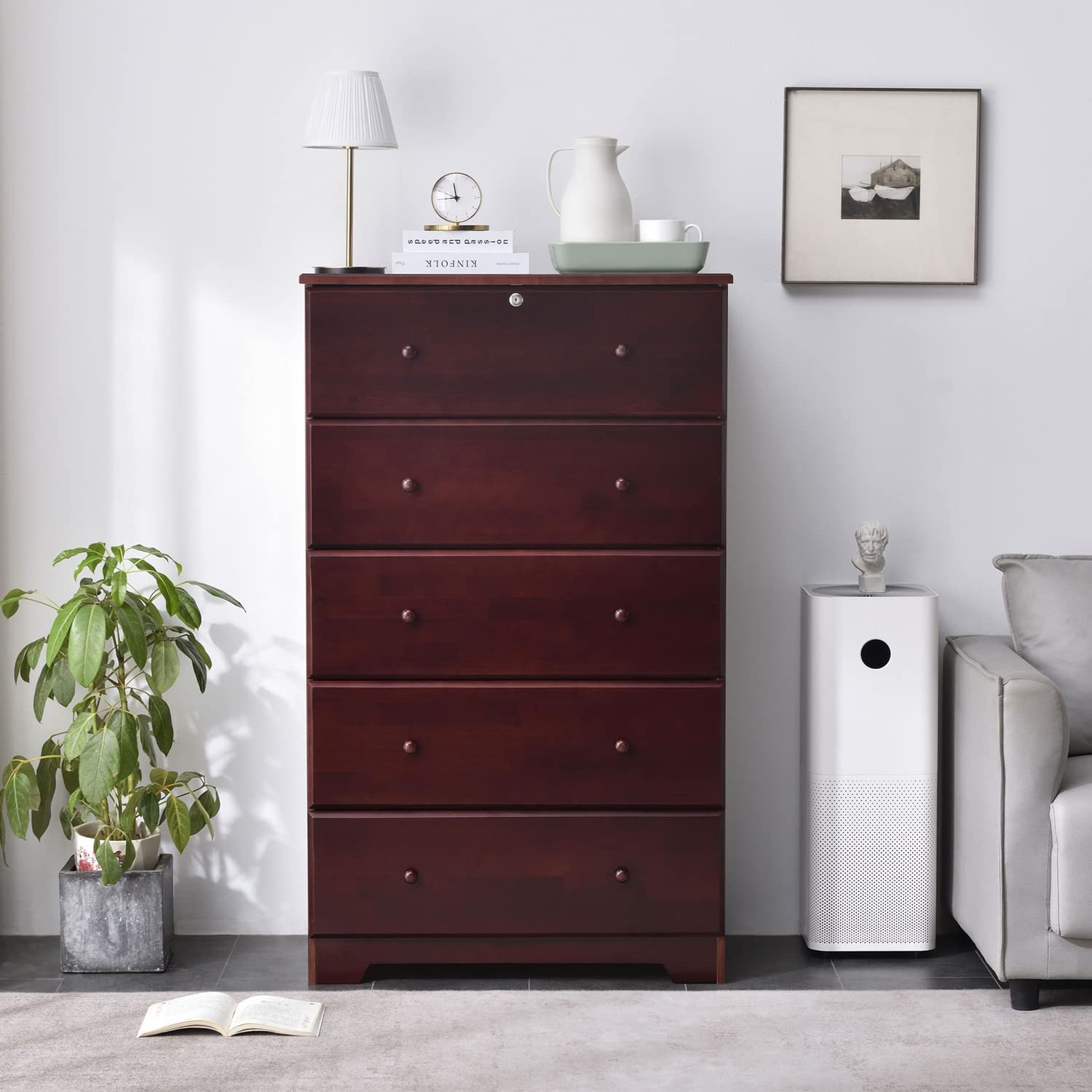 Better Home Products Isabela Solid Pine Wood 5 Drawer Chest Dresser in Mahogany