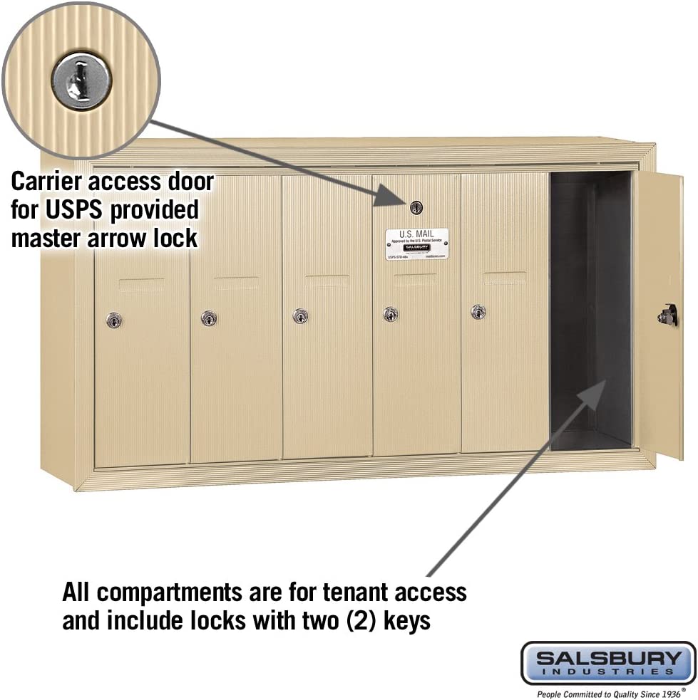 Salsbury Industries 3506SSU Surface Mounted Vertical Mailbox with USPS Access and 6 Doors, Sandstone