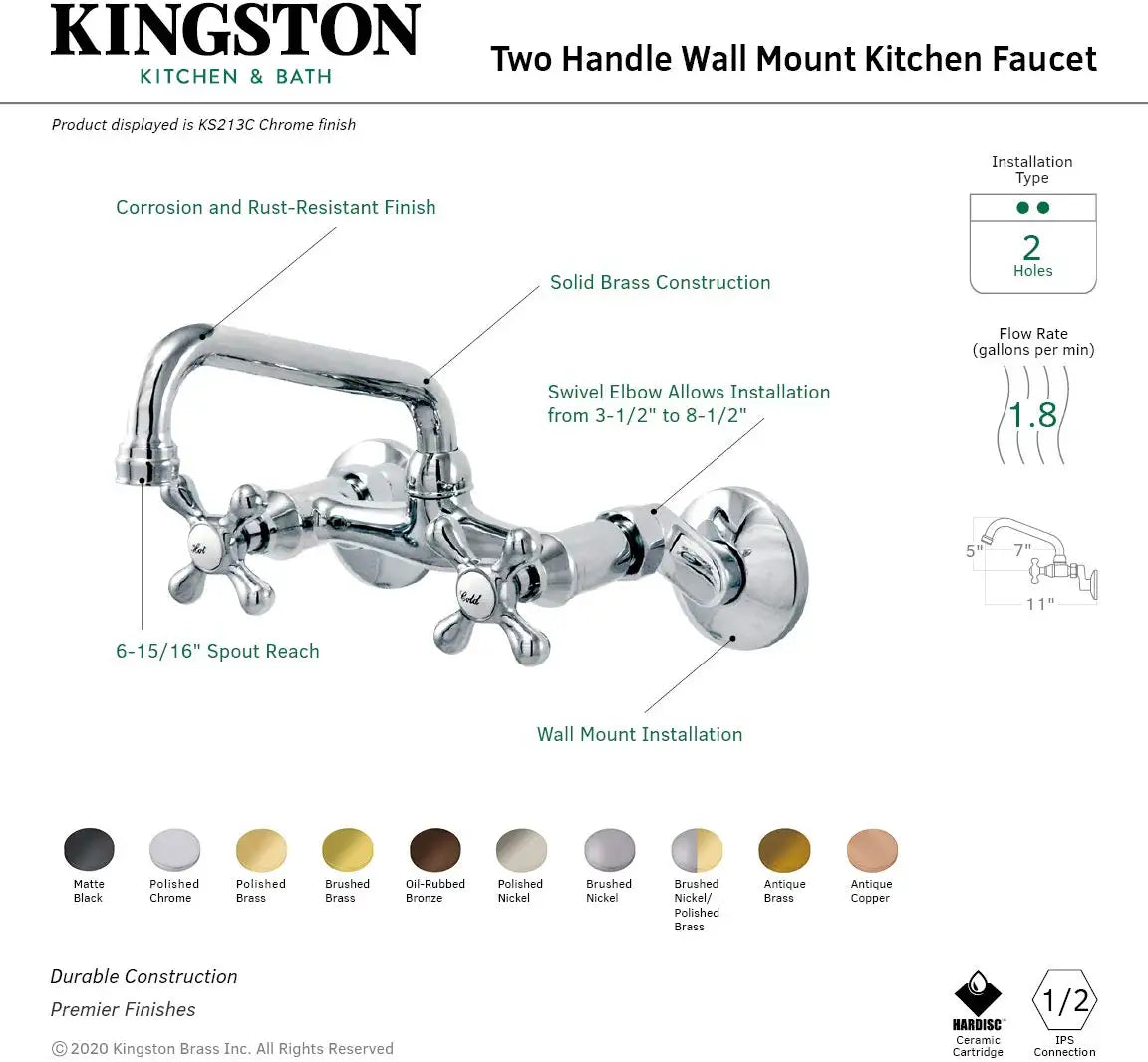 Kingston Brass KS213SN Kingston Kitchen Faucet, 7&#34;, Brushed Nickel