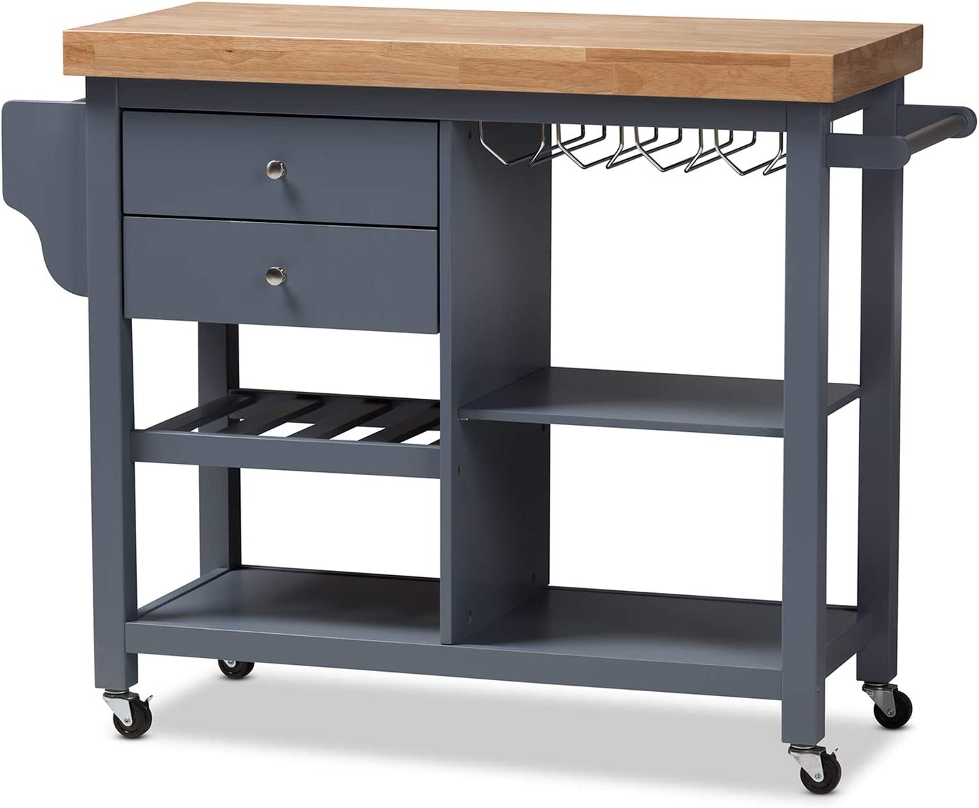 Baxton Studio Sunderland Coastal and Farmhouse Grey Wood Kitchen Cart Grey//Medium Wood/Rubber Wood/Farmhouse