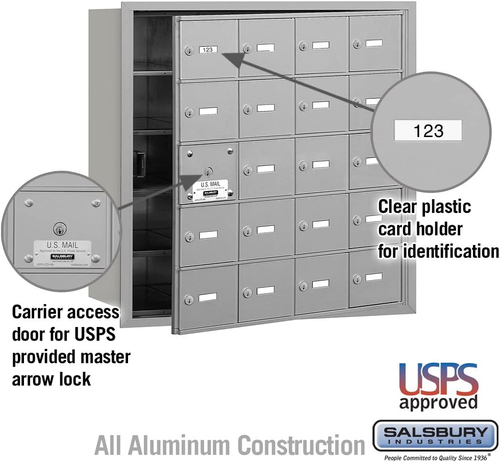 Salsbury Industries 3620AFU 4B Plus Horizontal Mailbox, 20 A Doors 19 Usable, Front Loading, USPS Access, Aluminum