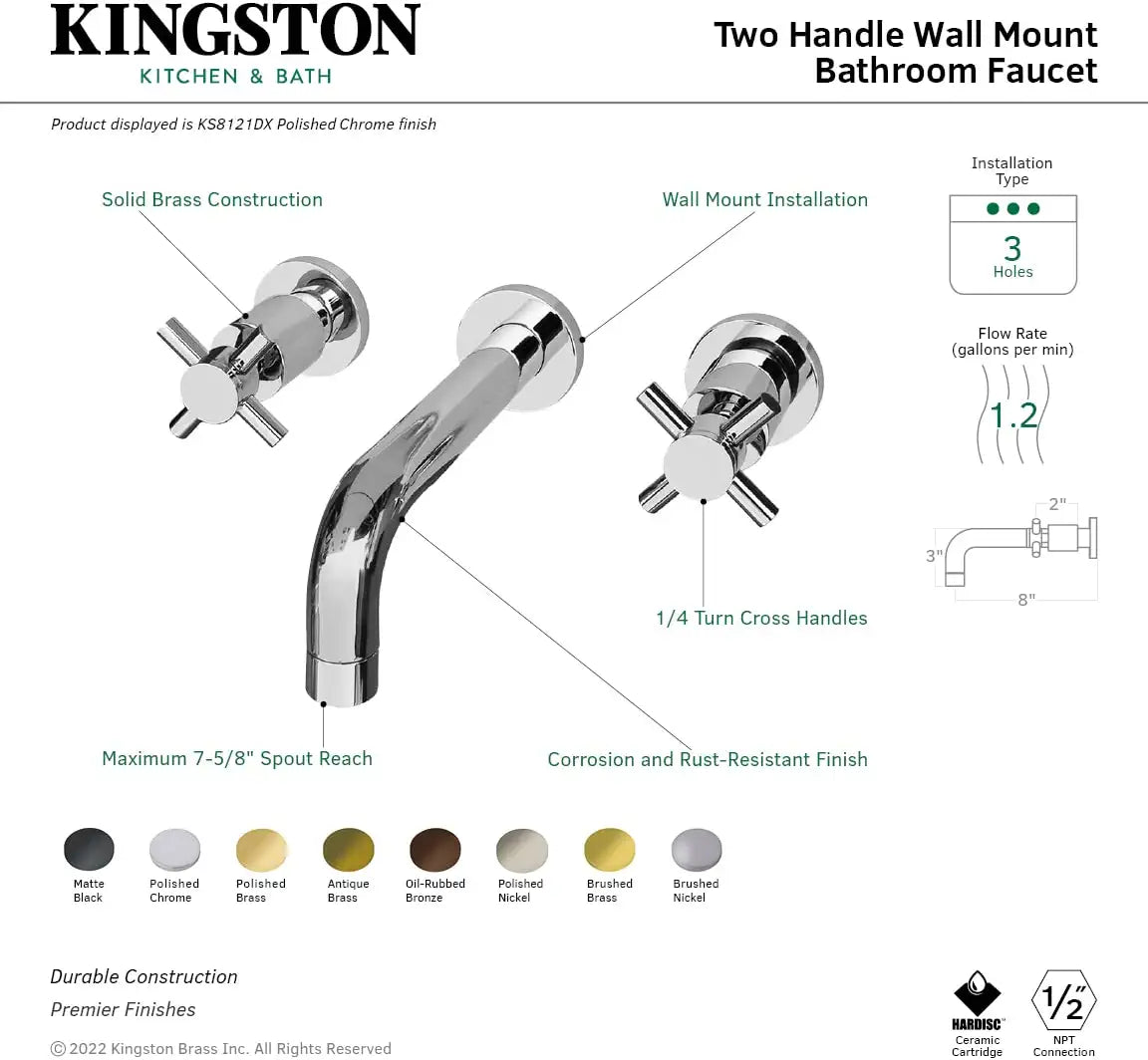 Kingston Brass KS8123DX Concord 2-Handle Wall Mount Bathroom Faucet, Antique Brass