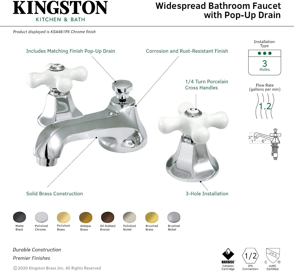 Kingston Brass KS4465PX Metropolitan Widespread Lavatory Faucet with Porcelain Cross Handle, Oil Rubbed Bronze