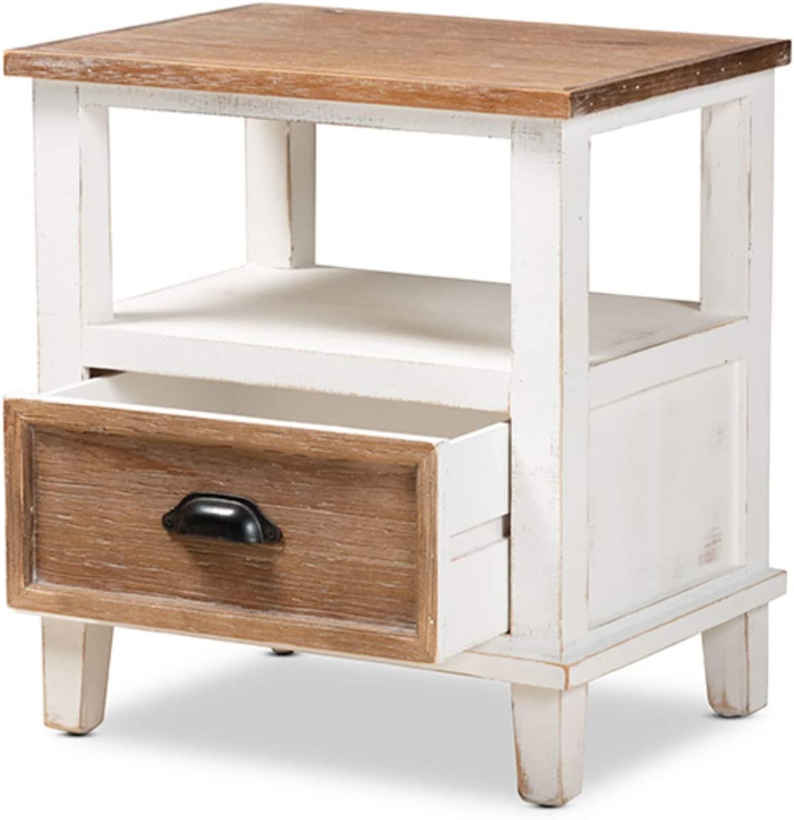 Baxton Studio Glynn Rustic Farmhouse Weathered Two-Tone White and Oak Brown Finished Wood 1-Drawer Nightstand
