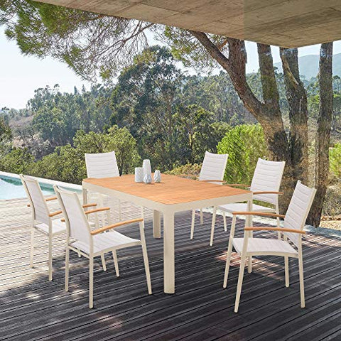 ARMEN LIVING SETODDIPL7 Portals Outdoor 7 Piece Coral Sand Aluminum &amp; Teak Wood Dining Set, Light