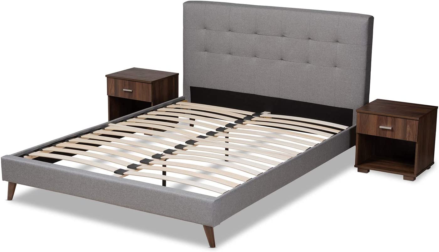 Baxton Studio Maren Mid-Century Modern Light Grey Fabric Upholstered Full Size Platform Bed with Two Nightstands