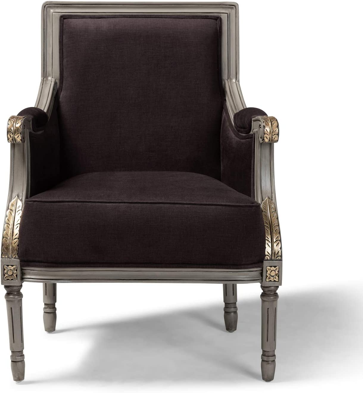 Baxton Studio Georgette Classic and Traditional French Inspired Brown Velvet Upholstered Grey Finished Armchair with Goldleaf Detailing