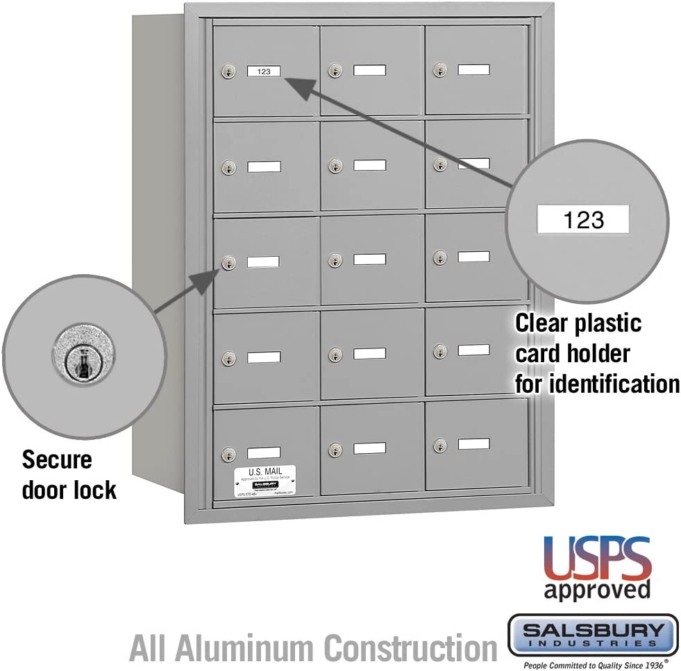 Salsbury Industries 3615ARU 4B Plus Horizontal Mailbox, 15 A Doors, Rear Loading, USPS Access, Aluminum