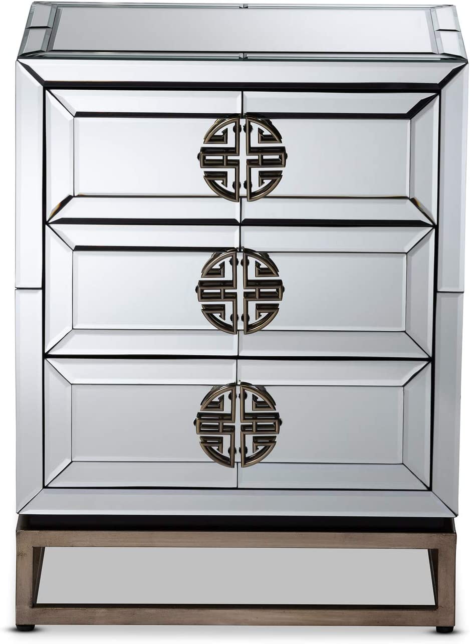 Baxton Studio Laken Contemporary Glam and Luxe Mirrored and Antique Bronze Finished 3-Drawer Nightstand