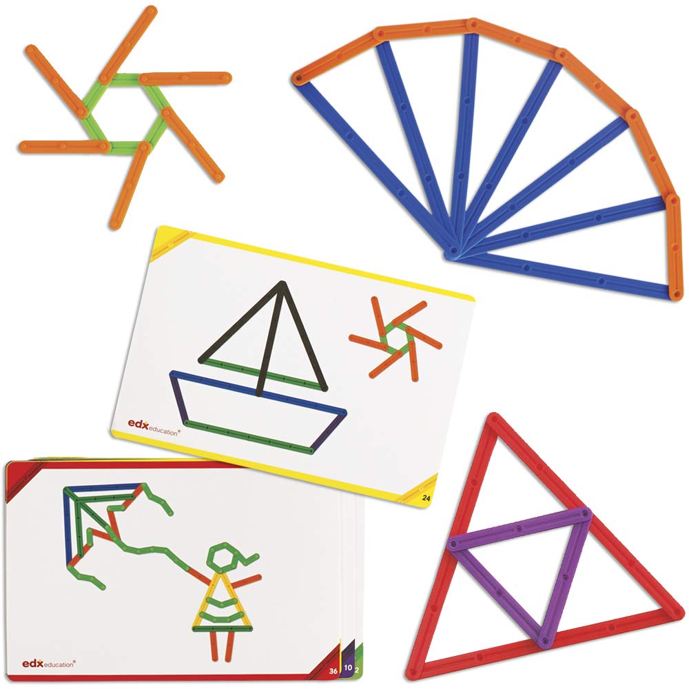 edxeducation Junior GeoStix - In Home Learning Toy for Early Math and Creativity - 200 Multicolored Construction Sticks - 30 Double-Sided Activity Cards - Geometric Manipulative