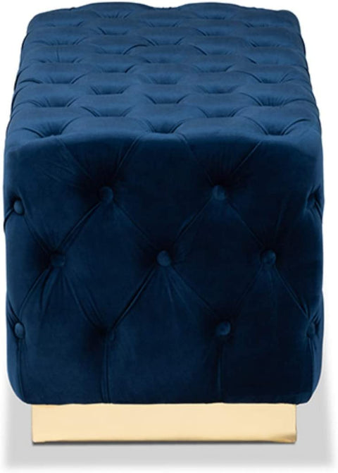 Baxton Studio Corrine Glam and Luxe Navy Blue Velvet Fabric Upholstered and Gold PU Leather Ottoman