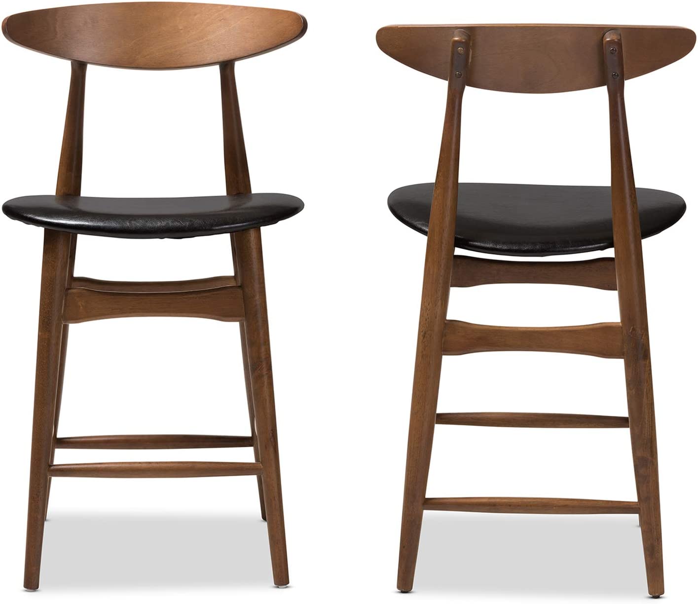 Baxton Studio Flora Mid-Century Modern Black Faux Leather Upholstered Walnut Finished Counter Stool Set Black/Qty 2/Medium Wood/Mid-Century/Faux Leather/Rubber Wood/Foam