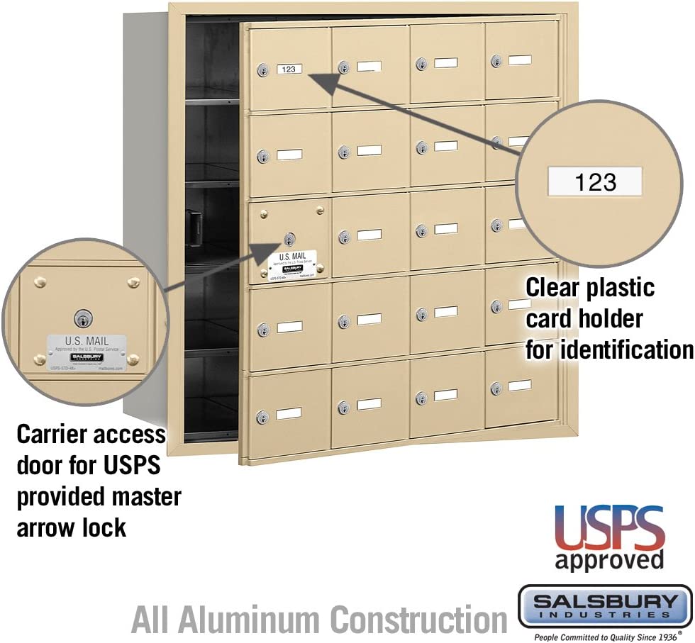 Salsbury Industries 3620SFU 4B Plus Horizontal Mailbox, 20 A Doors 19 Usable, Front Loading, USPS Access, Sandstone