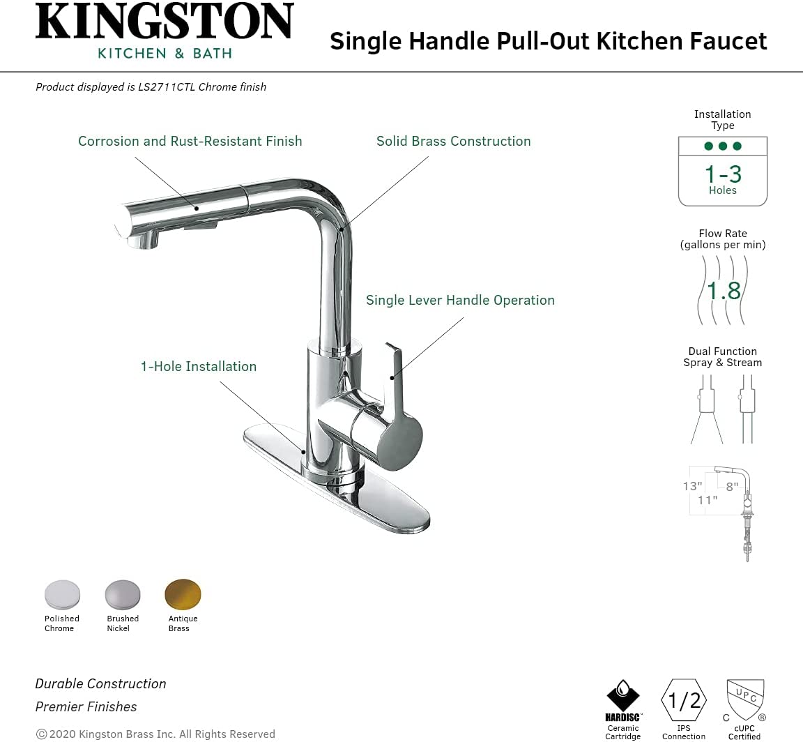 Kingston Brass LS2711CTL Continental Pull-Out Sprayer Kitchen Faucet, Polished Chrome