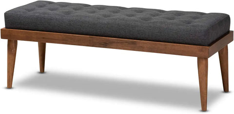 Baxton Studio Linus Mid-Century Modern Dark Grey Fabric Upholstered and Button Tufted Wood Bench
