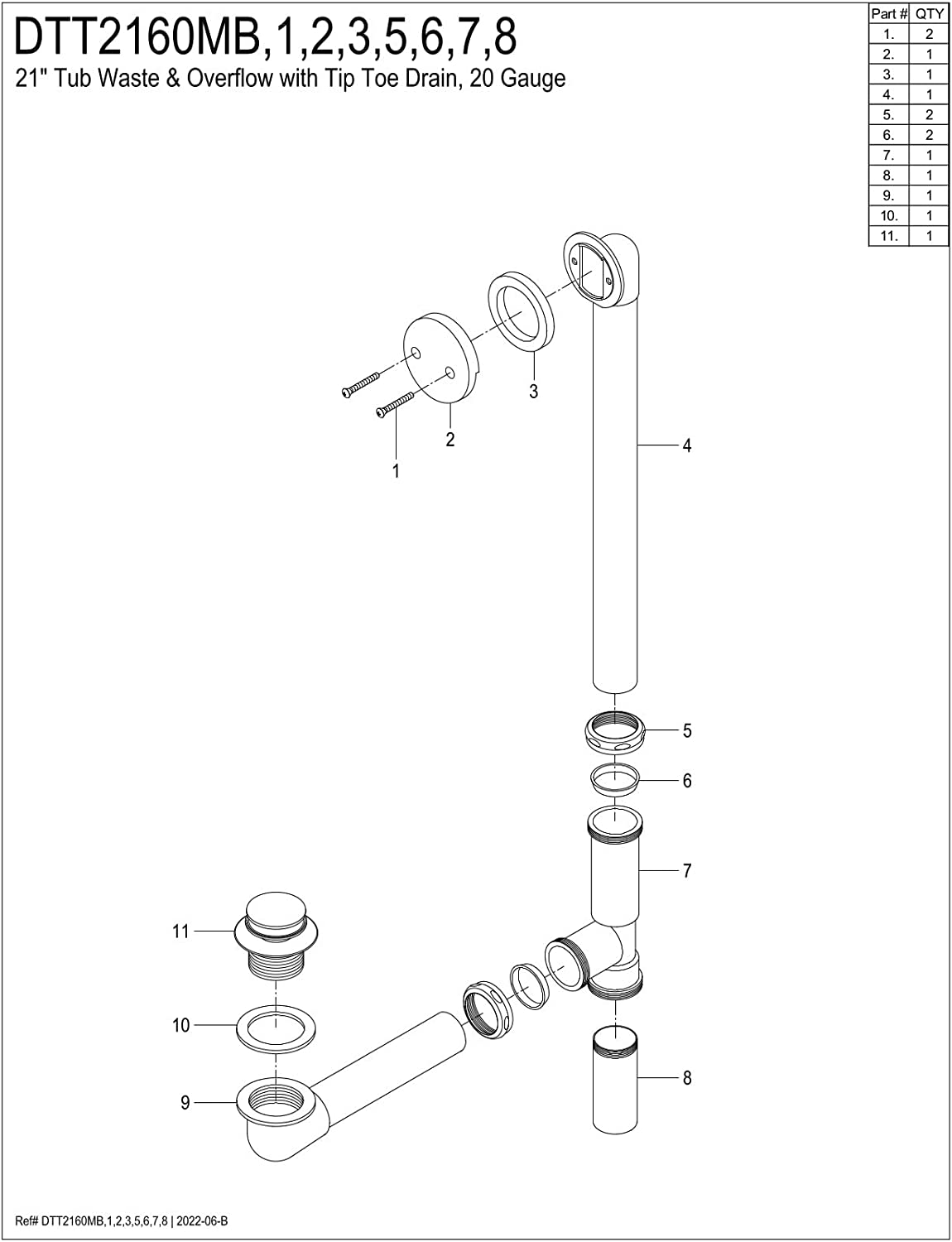 Kingston Brass DTT2168 Tip-Toe Bath Tub Drain and Overflow, Brushed Nickel