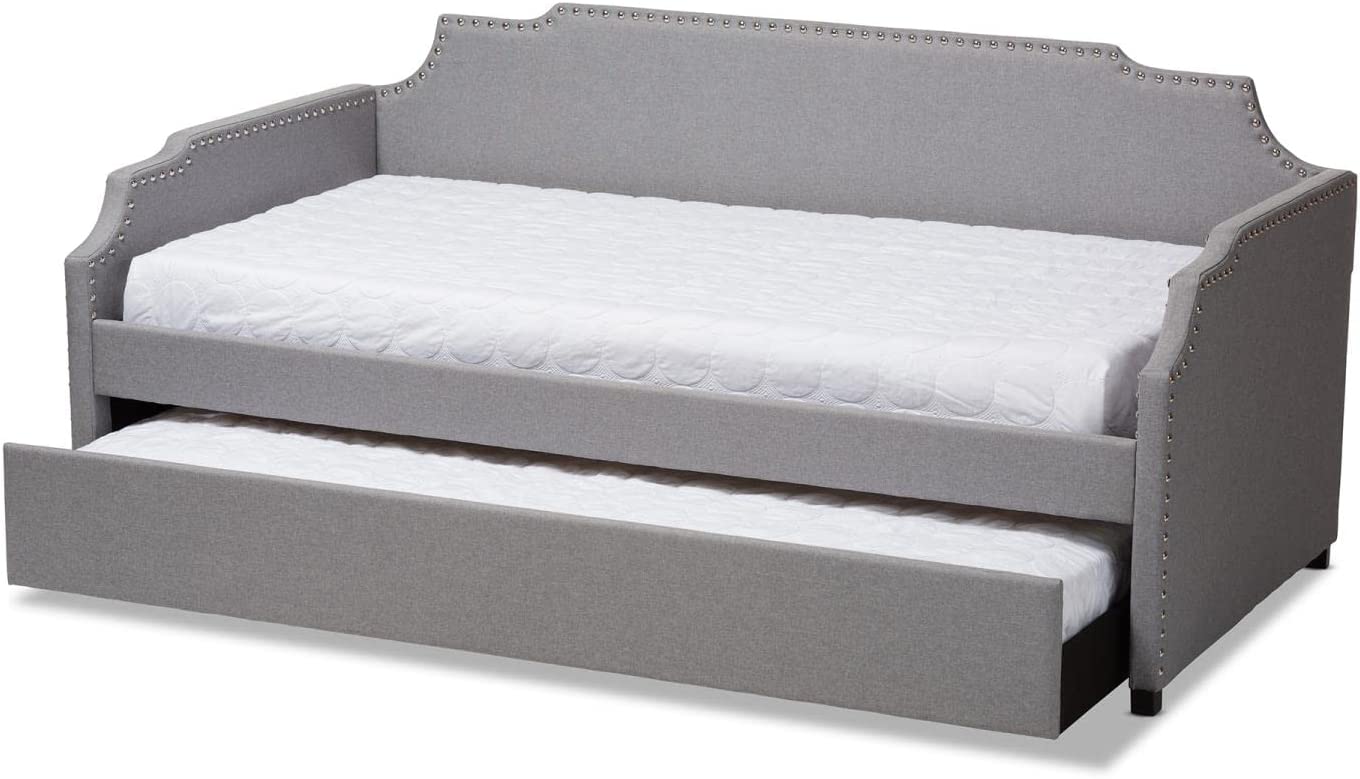 Baxton Studio Ally Modern and Contemporary Gray Fabric Upholstered Twin Size Sofa Daybed with Roll Out Trundle Guest Bed