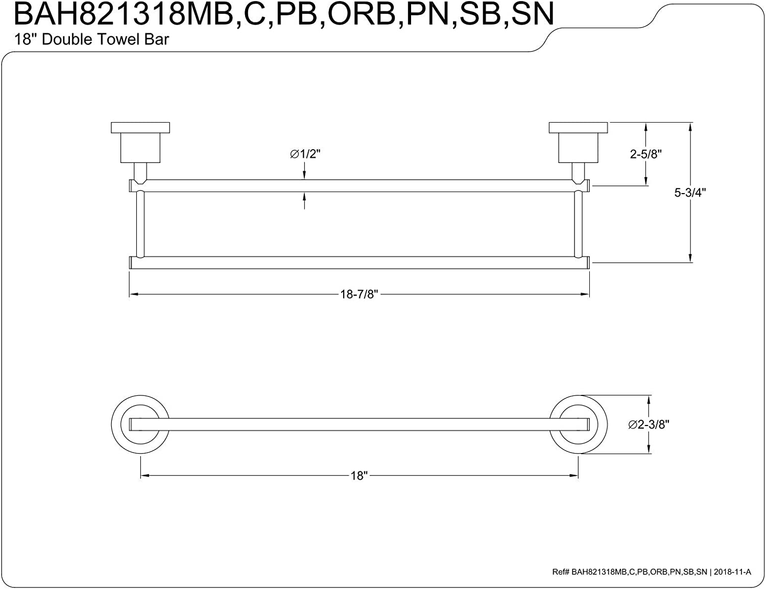 Kingston Brass BAH821318MB Concord Dual Towel Bar, Matte Black