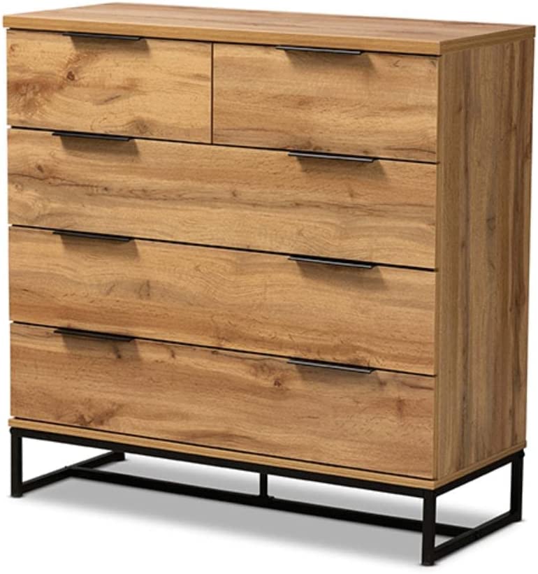 Baxton Studio Franklin Modern and Contemporary Oak Finished Wood and Black Finished Metal 5-Drawer Bedroom Chest