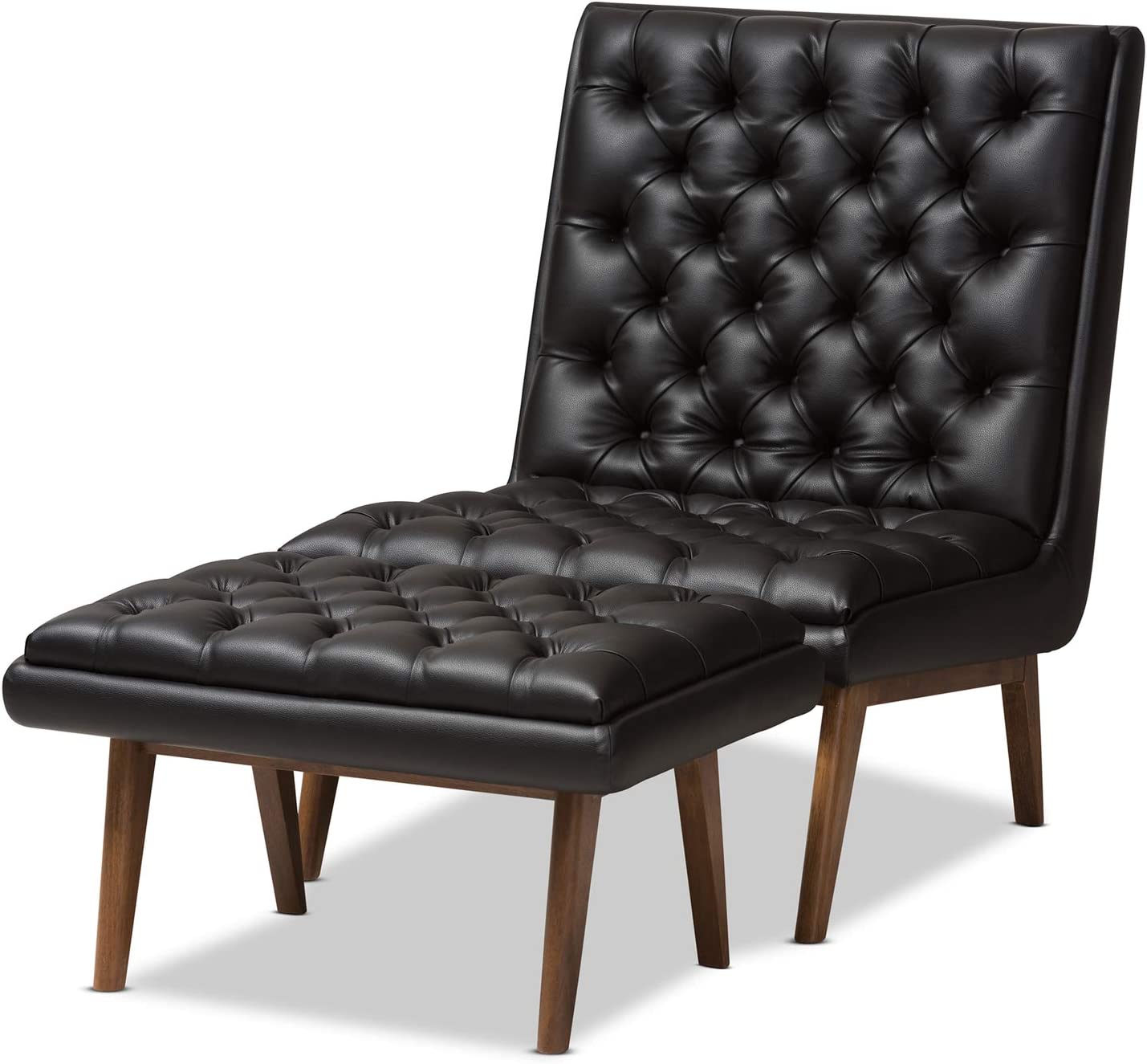 Baxton Studio Annetha Mid-Century Modern Black Faux Leather Upholstered Walnut Finished Wood Chair and Ottoman Set/Mid-Century/Black/Medium Wood/Faux Leather/Rubber Wood/Foam