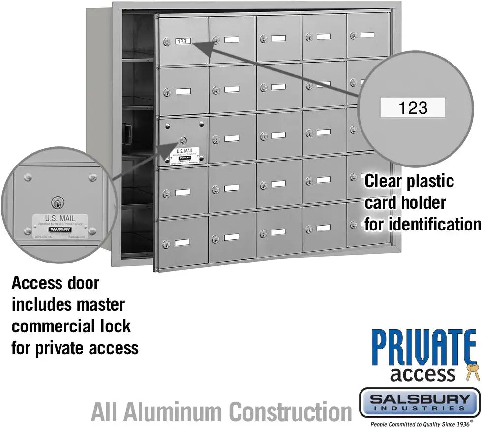Salsbury Industries 3625AFP 4B Plus Horizontal Mailbox with Master Commercial Lock, 25 A Doors 24 Usable, Front Loading, Private Access, Aluminum