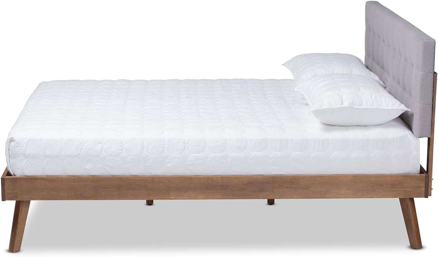 Baxton Studio Devan Mid-Century Modern Light Grey Fabric Upholstered Walnut Brown Finished Wood Queen Size Platform Bed