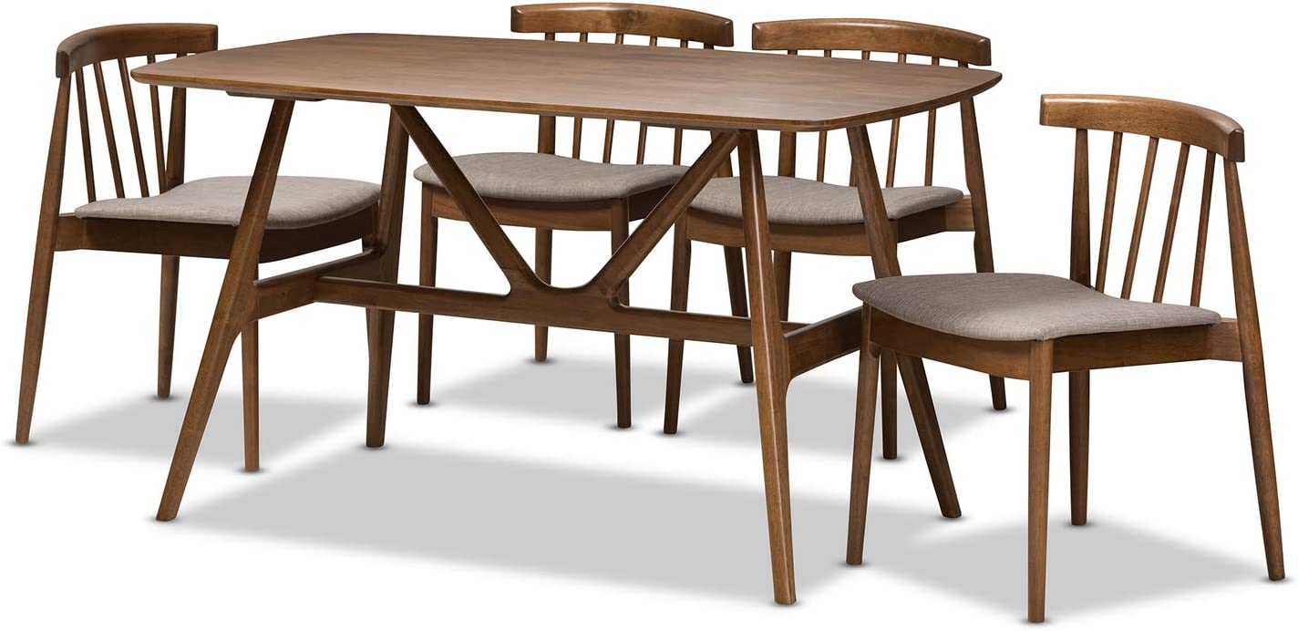 Baxton Studio Wyatt Mid-Century Modern Walnut Wood 5-Piece Dining Set Beige//Medium Wood/Mid-Century/Table/Fabric Polyester 100%&#34;/Solid Rubber Wood/Foam