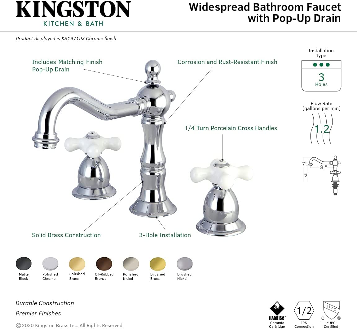 Kingston Brass KS1978PL Heritage Widespread Lavatory Faucet with Porcelain Lever Handle, Brushed Nickel