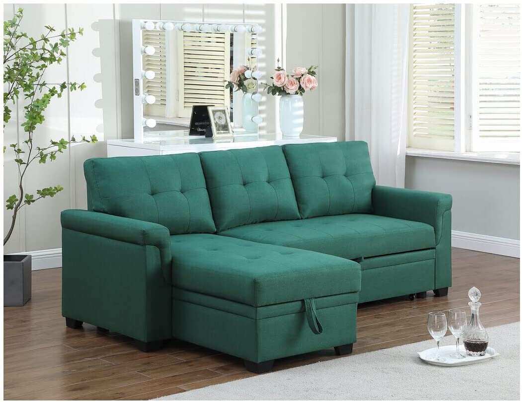 Lilola Home Linen Reversible Sleeper Sectional Sofa with Storage Chaise, Green