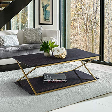 Armen Living Westlake Dark Brown Veneer Coffee Table with Brushed Gold Legs
