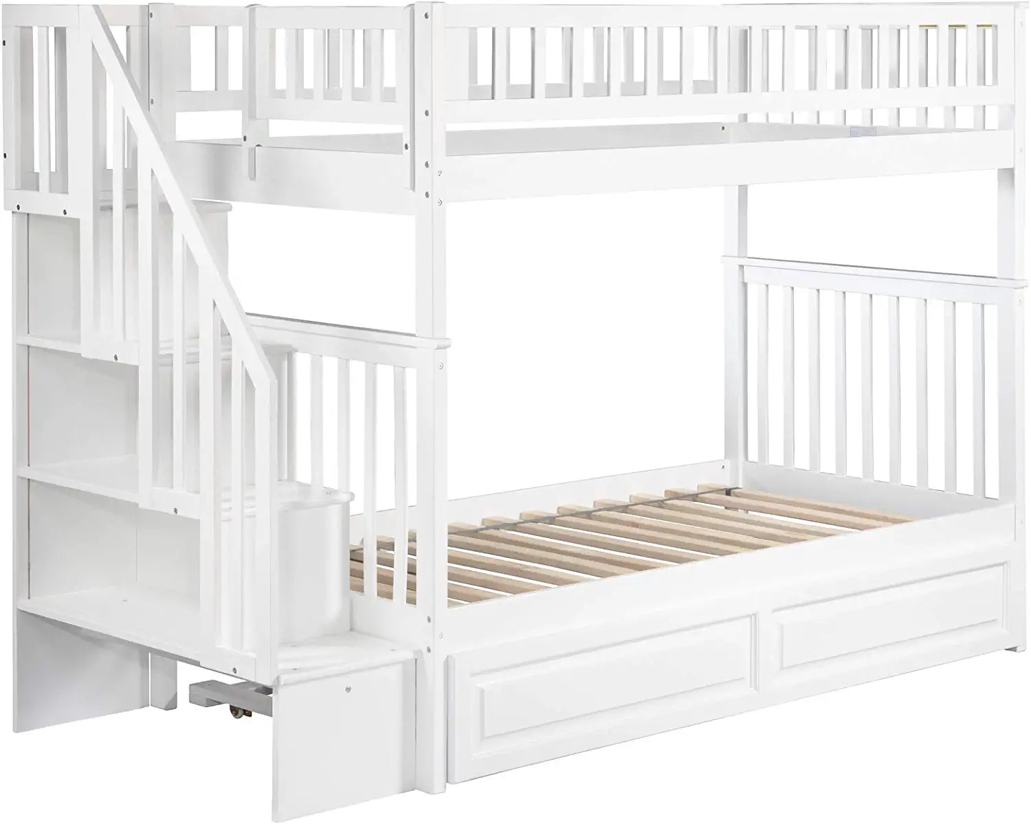 AFI Woodland Staircase Bunk Raised Panel Trundle Bed, Twin, White, Twin over Twin