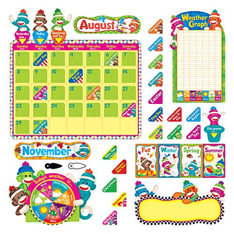 Trend 17-1/2 x 23-1/4 Inches Sock Monkeys Calendar Bulletin Board Set, 102 Pieces (TEPT8416)
