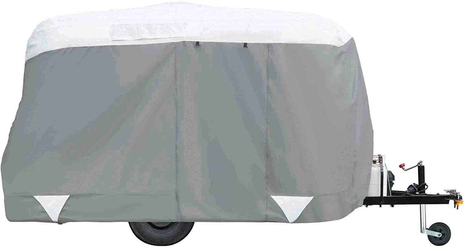 Classic Accessories Over Drive PolyPRO 3 Molded Fiberglass Travel Trailer Cover, Fits 11' - 13' Trailers, Camper RV Cover, Customizable Fit, All Season Protection for Motorhome, Grey/White