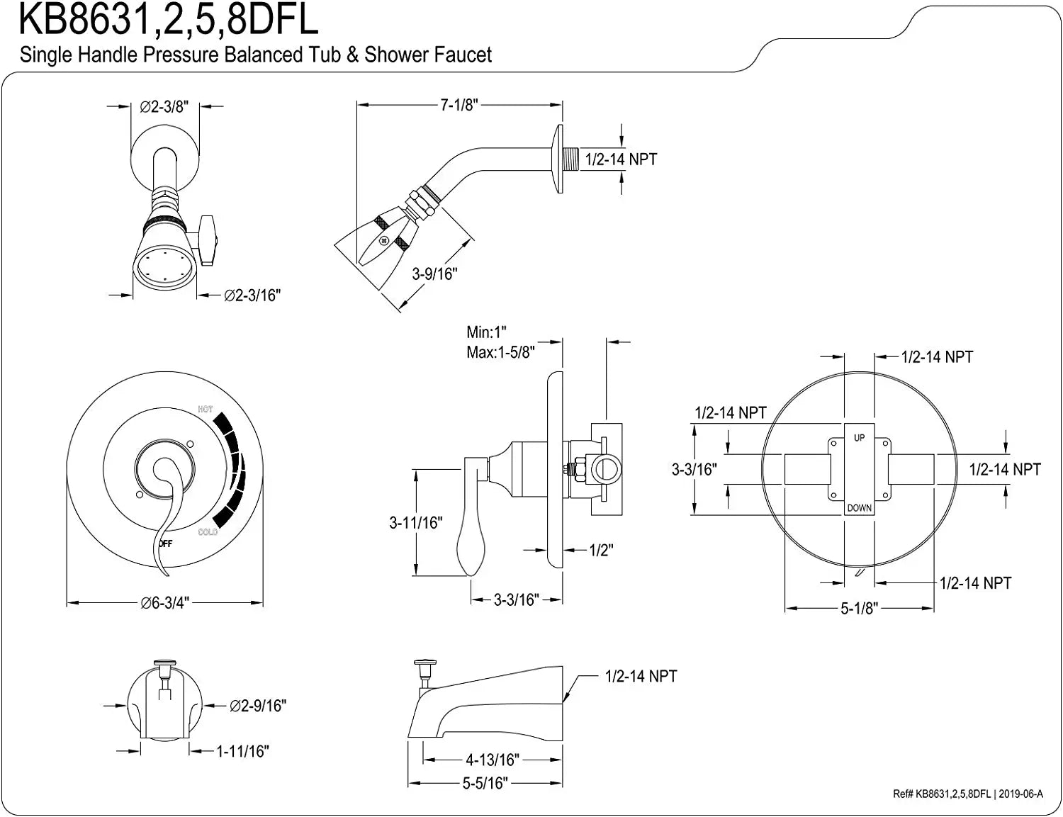 Kingston Brass KB8638DFL NuWave Tub and Shower Faucet, Brushed Nickel