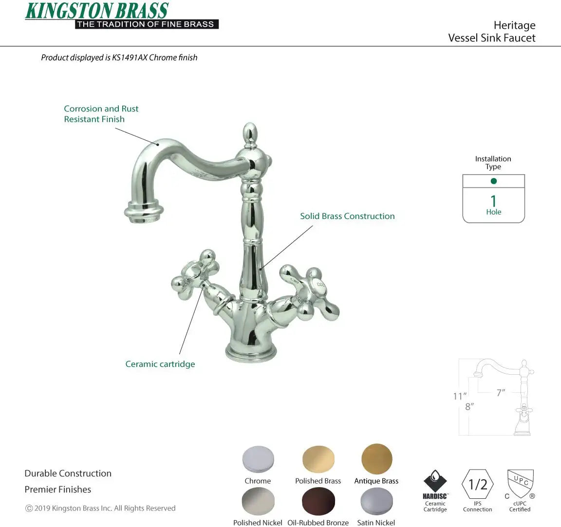 Kingston Brass KS1495AX Heritage Vessel Faucet, 6-1/2&#34;, Oil Rubbed Bronze