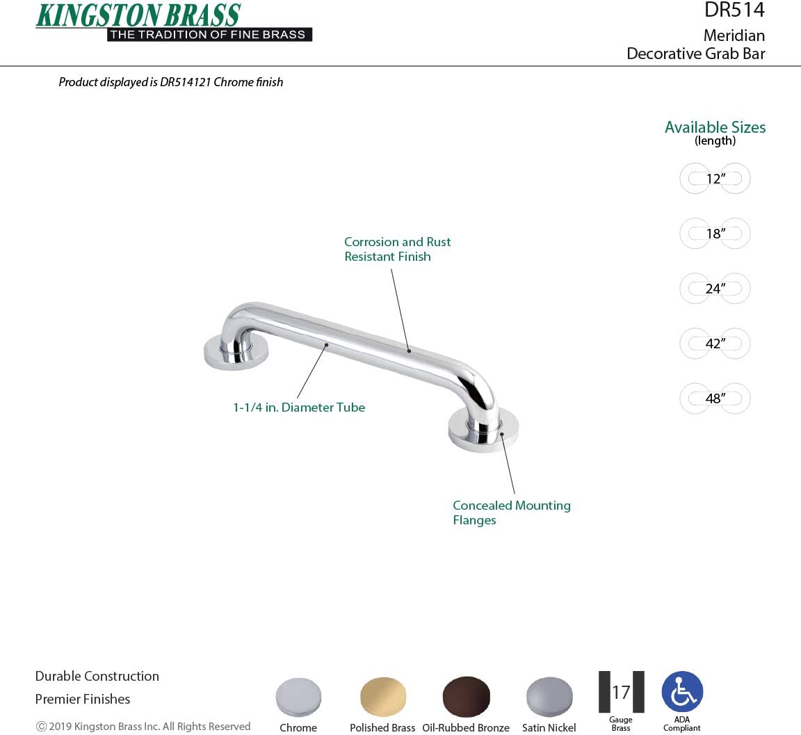 Kingston Brass DR514487 Meridian 48&#34; Grab Bar, 1-1/4&#34; Diameter, Brushed Brass