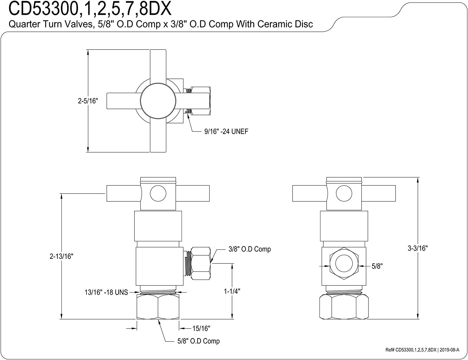 Kingston Brass CD53308DX Concord 5/8-Inch X 3/8-Inch OD Compression Quarter-Turn Angle Stop Valve, Brushed Nickel