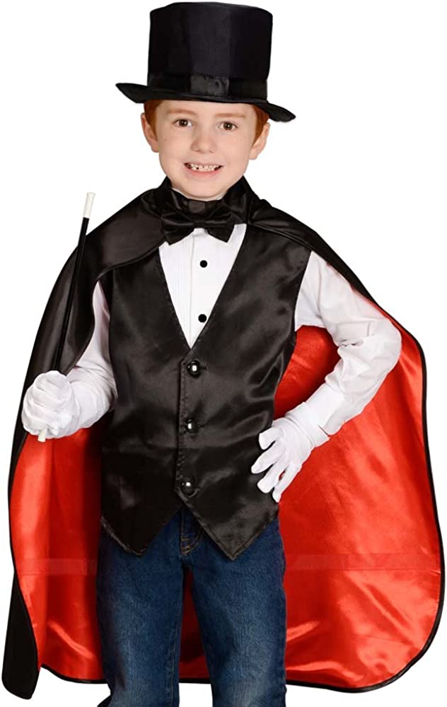 Aeromax Jr. Magician with Cape, Vest, Hat, Gloves, Bowtie and Wand Black/Red, 35-50&#34; in height