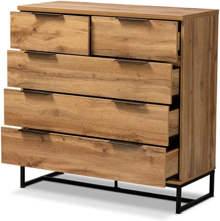 Baxton Studio Franklin Modern and Contemporary Oak Finished Wood and Black Finished Metal 5-Drawer Bedroom Chest