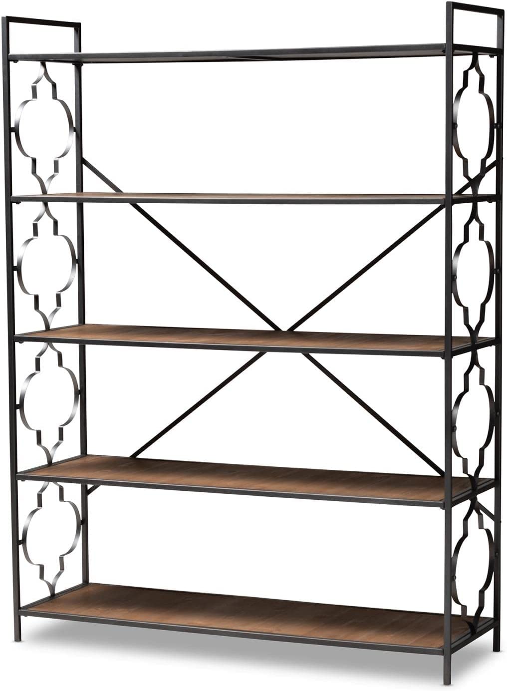 Baxton Studio Mirna Industrial Black Iron Metal and Natural Oak Wood 5-Shelf Quatrefoil Accent Bookcase