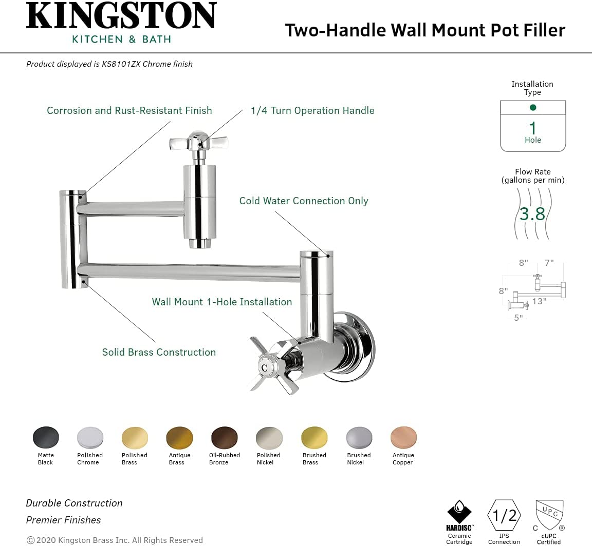 Kingston Brass KS8103ZX Wall Mount Pot Filler Kitchen Faucet, Antique Brass