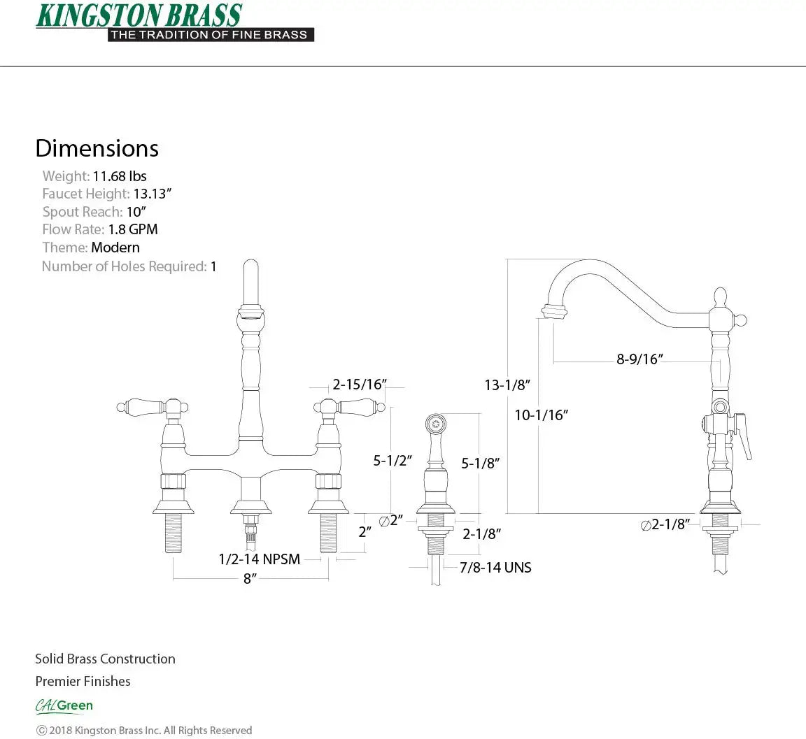 Kingston Brass KS1276ALBS Heritage Bridge Kitchen Faucet, Polished Nickel