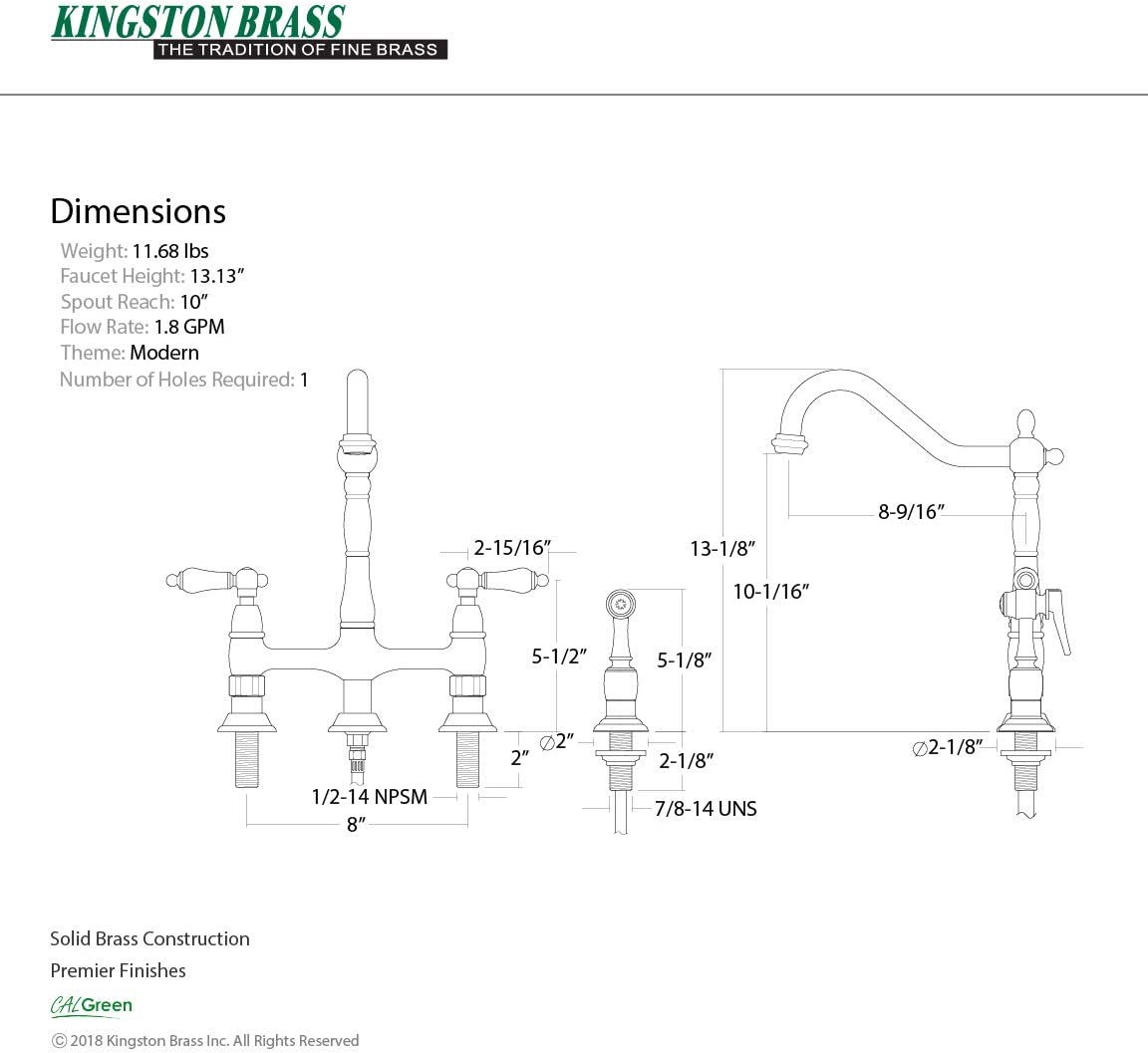 Kingston Brass KS1278ALBS Heritage Bridge Kitchen Faucet, 8-3/4&#34;, Brushed Nickel