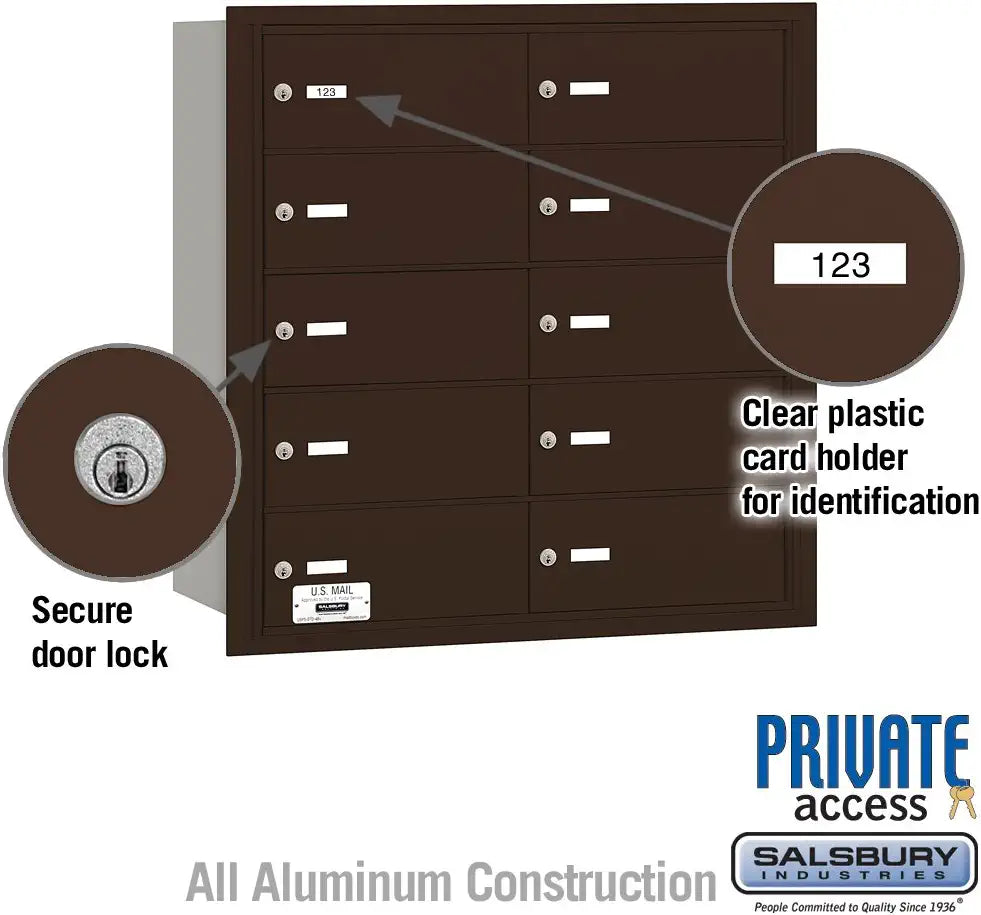 Salsbury Industries 3610ZRP 4B Plus Horizontal Mailbox, 10 B Doors, Rear Loading, Private Access, Bronze