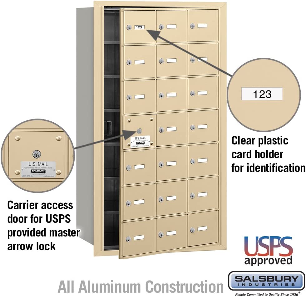 Salsbury Industries 3621SFU 4B Plus Horizontal Mailbox, 21 A Doors 20 Usable, Front Loading, USPS Access, Sandstone