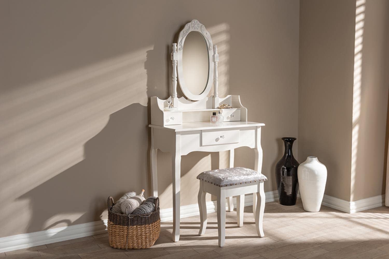 Baxton Studio Veronique Traditional French Provincial White Finished Wood 2-Piece Vanity Table with Mirror and Ottoman