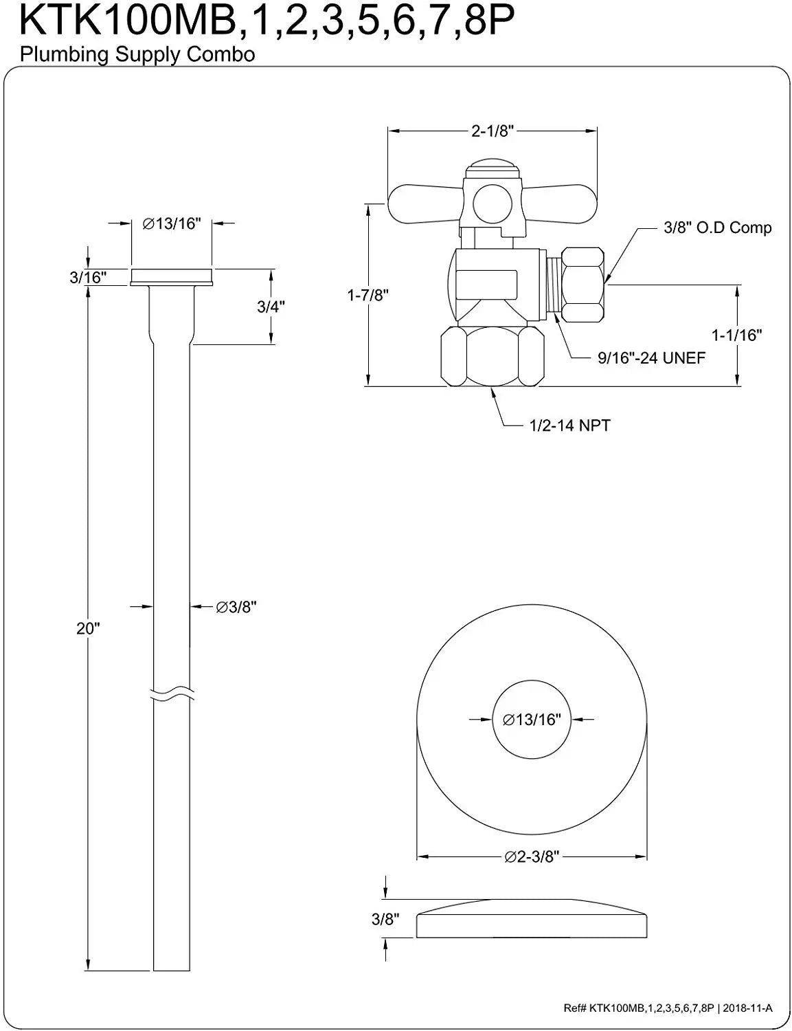 Kingston Brass KTK103P Trimscape Toilet Supply Kit Combo 1/2-Inch IPS X 3/8-Inch Comp Outlet, Antique Brass