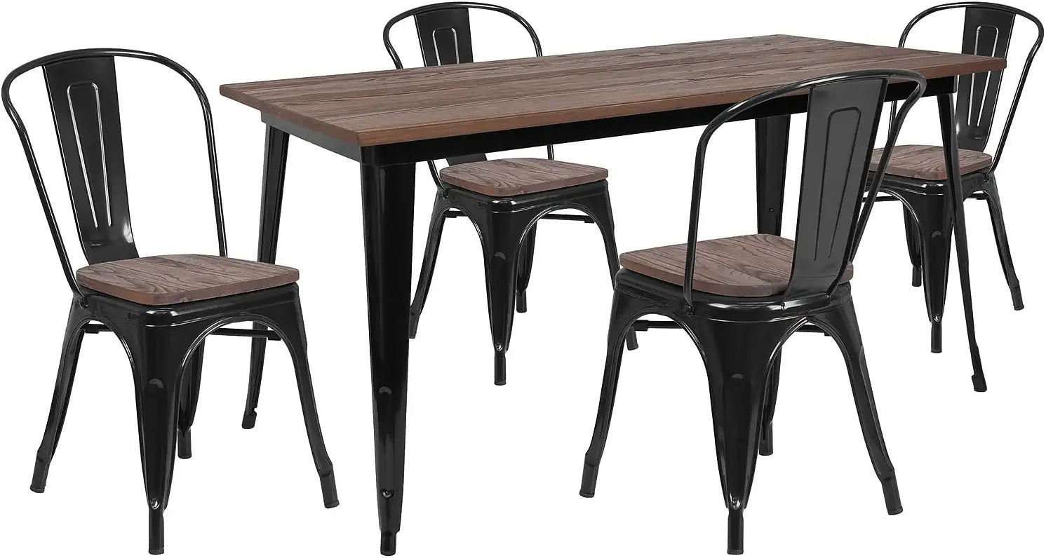 Flash Furniture 30.25&#34; x 60&#34; Metal Table Set with Wood Top and 4 Stack Chairs, Black