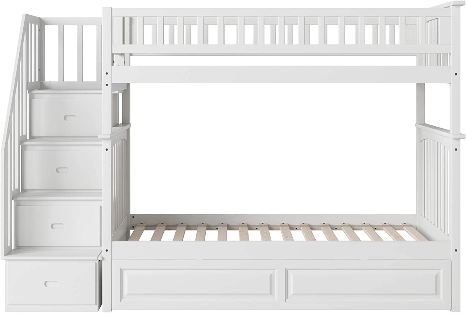 AFI Columbia Staircase Bunk with Turbo Charger and Twin Size Raised Panel Trundle, Twin/Twin, White