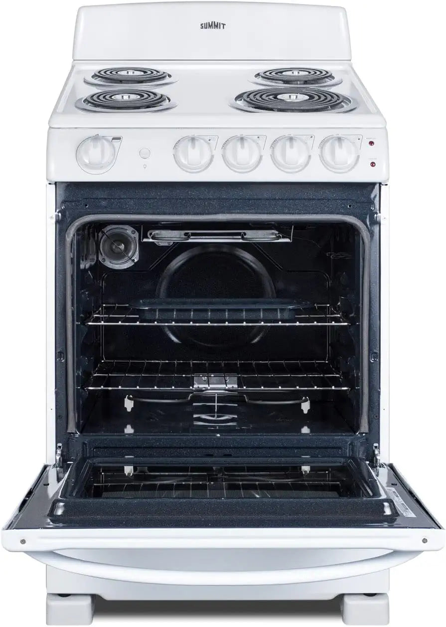Summit Appliance RE2411W 24 Wide Electric Range in White Finish with Coil  Burners, Lower Storage Compartment, Four cooking Zones, Indicator Lights